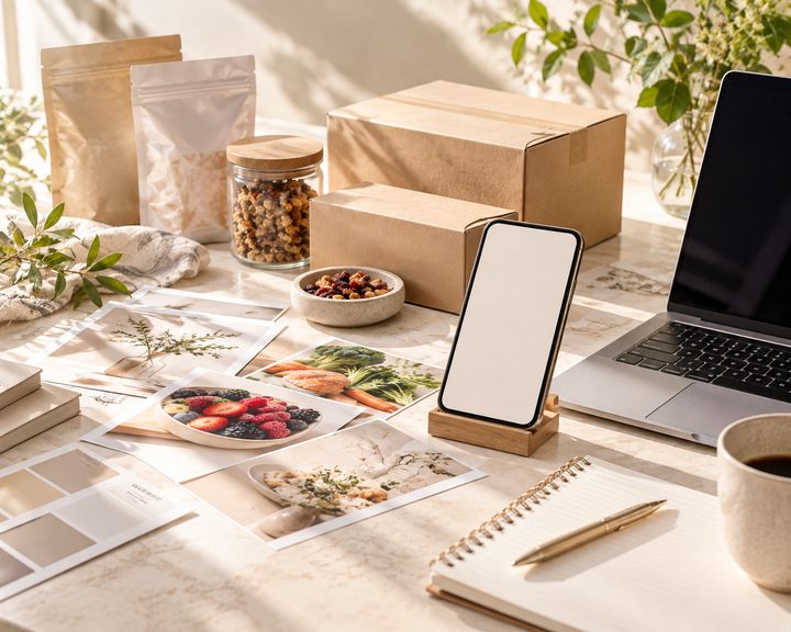 スマートフォンやノートパソコン、商品写真のプリント、配送用の箱や食品のパッケージが並ぶデスクのイメージ写真
